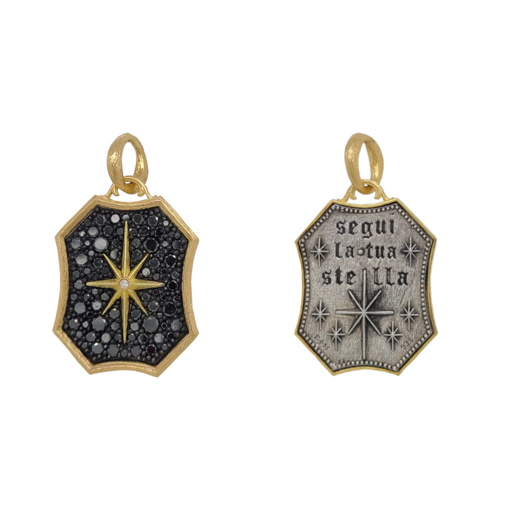 double sided medium shimmer North star charm with black diamonds 1.50cts reads "follow your own star" shown in oxidized sterling silver with 18k gold north star, rim & bail #bo4-1