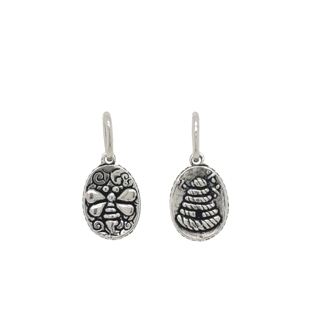 baby bee + beehive double sided charm shown in oxidized sterling sliver #co86-0