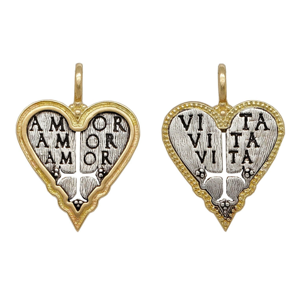 cross my heart double sided charm reads "love & life" shown oxidized sterling silver with  18k rim & bail #c119c