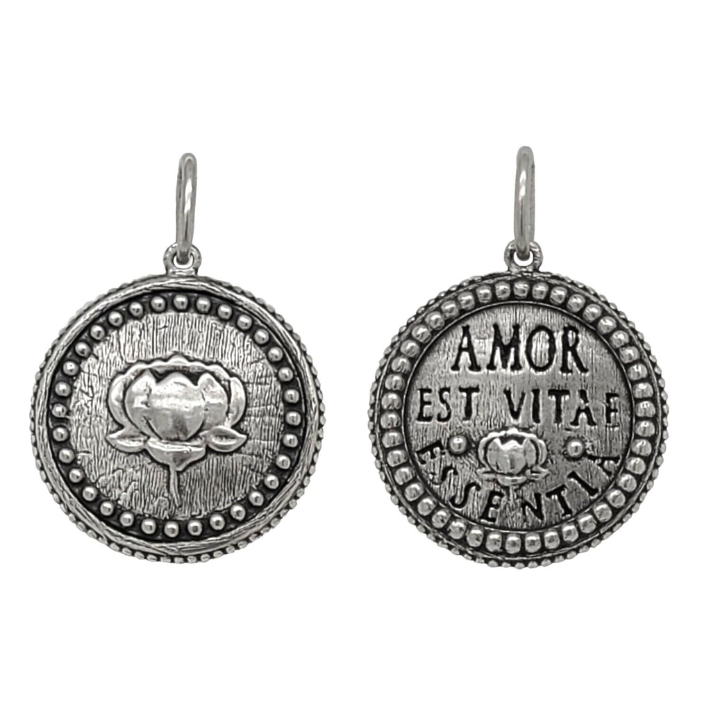 double lotus  charm shown in oxidized sterling silver reads "love is the essence of life" #c153-0