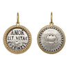 double lotus  charm shown in oxidized sterling silver with 18k gold rim & bail  reads "love is the essence of life" #c153c
