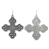 balled ornate double sided cross charm shown in oxidized sterling silver reads "who being loved is poor" by Oscar Wilde  #c161-0