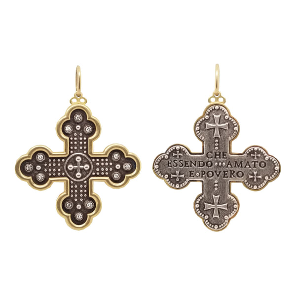 balled ornate double sided cross charm with white diamonds .12cts shown in oxidized sterling with 18k gold rim & bail  reads "who being loved is poor" by Oscar Wilde #c161d