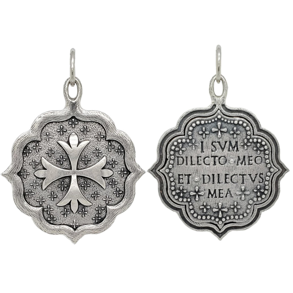 large Maltese + clovers double sided charm reads "I am my beloved & my beloved is mine" shown in oxidized sterling silver #c163x-0