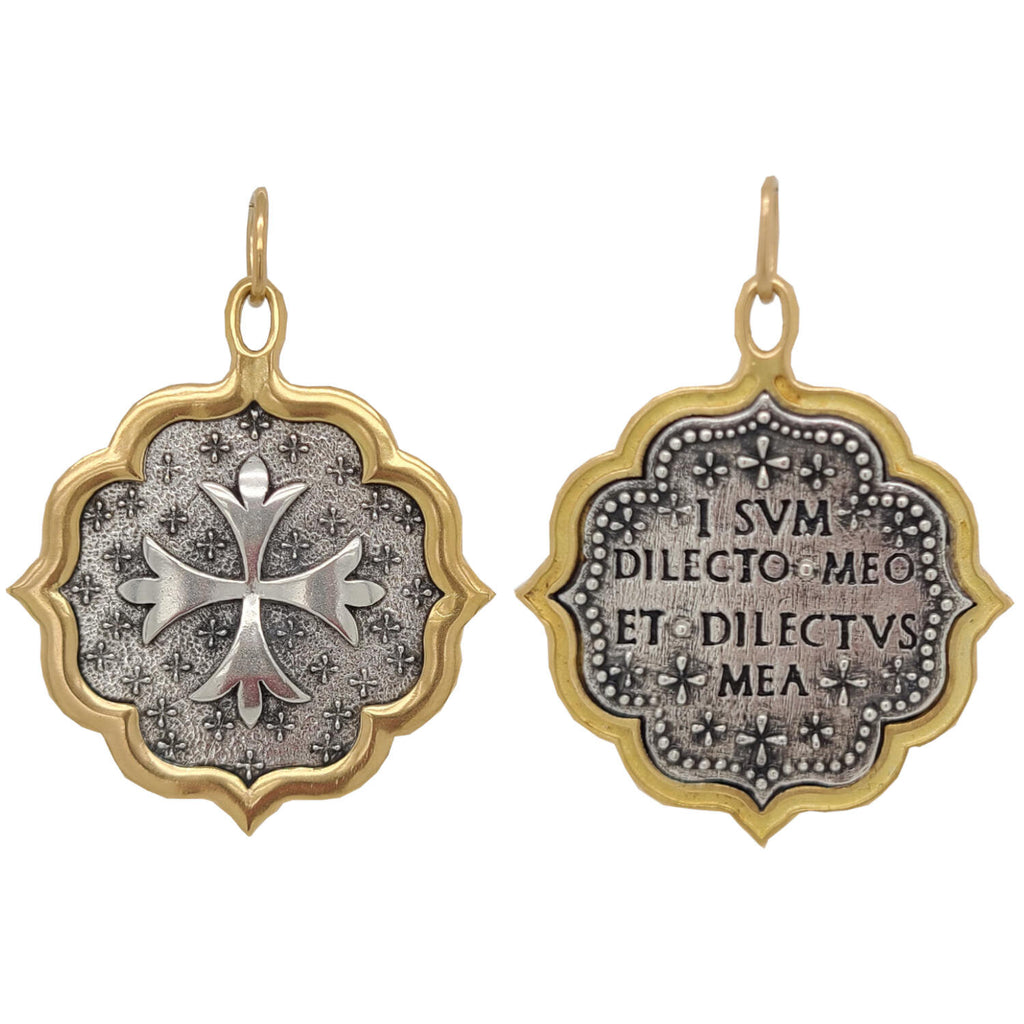 large Maltese + clovers double sided charm reads "I am my beloved & my beloved is mine" shown in oxidized sterling silver  with 18k gold rim & bail #c163xc