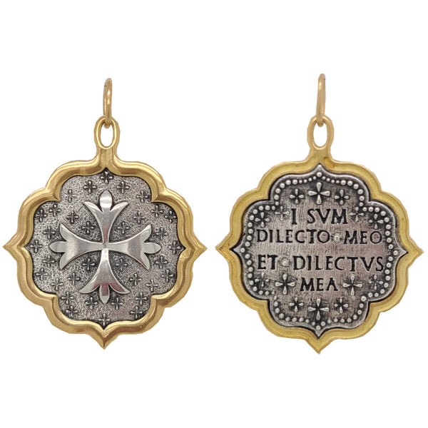 large Maltese + clovers double sided charm reads "I am my beloved & my beloved is mine" shown in oxidized sterling silver  with 18k gold rim & bail #c163xc