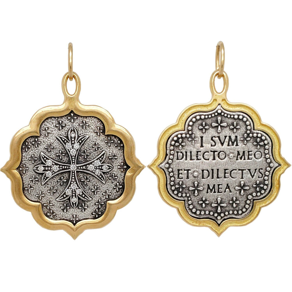 large Maltese + clovers double sided charm with white diamonds on Maltese .15cts  reads "I am my beloved & my beloved is mine" shown in oxidized sterling silver with 18k gold rim & bail #c163xd