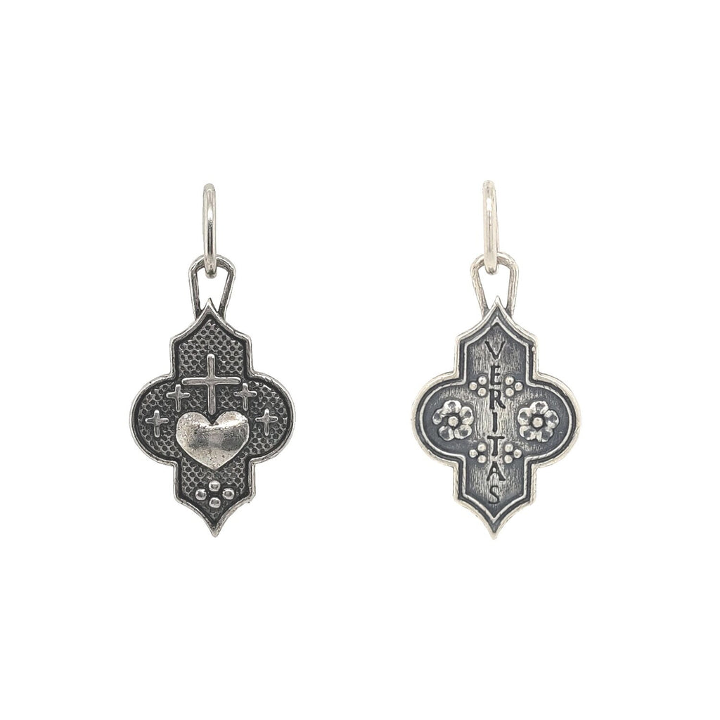 crossed heart + flowers double sided charm read s "truth" shown in oxidized sterling silver #c167x-0