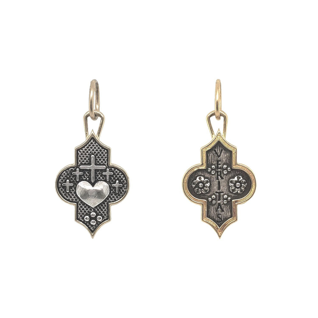 crossed heart + flowers double sided charm with  read s "truth" shown in oxidized sterling silver with 18k gold rim & bail  #c167xc