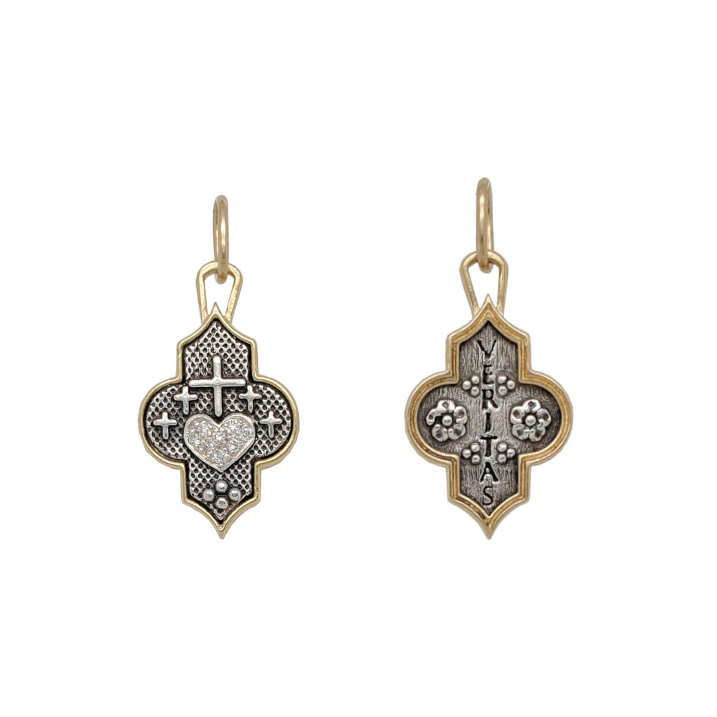 crossed heart + flowers double sided charm with white diamonds .091cts on heart  with reads "truth" shown in oxidized sterling silver with 18k gold rim & bail #c167xd