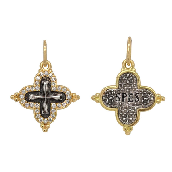 baby clover double sided cross charm reads "hope" with white diamonds .34cts on front frame shown in oxidized sterling silver with 18k gold rim & bail #c178d