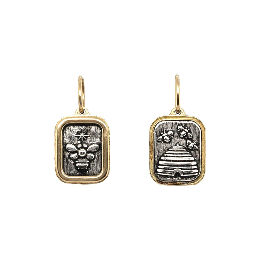 baby rectangle beehive + bee double sided  charm in oxidized sterling silver with 18k gold rim & bail #c180xc