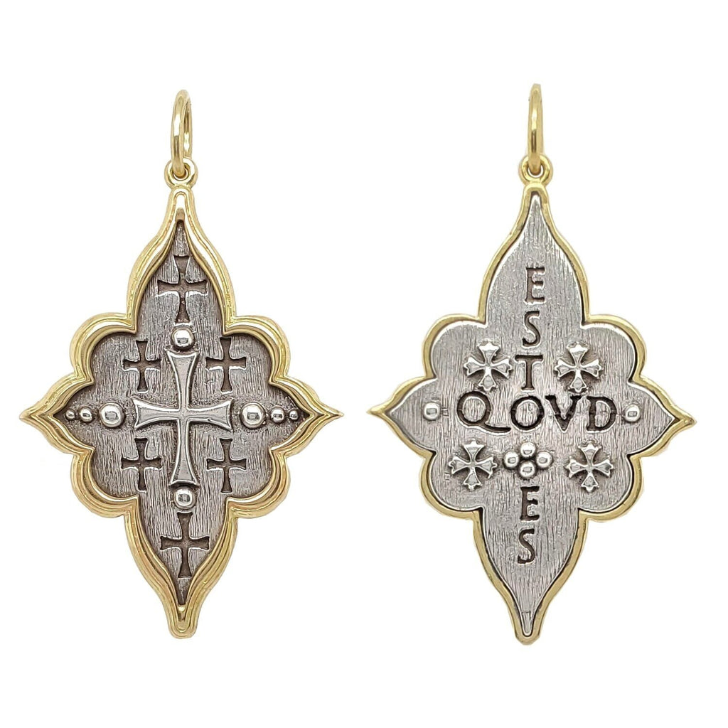 elongated 4 point Latin multi double sided cross charm reads "be what you are" shown in oxidized sterling silver with 18k gold rim & bail #c184c