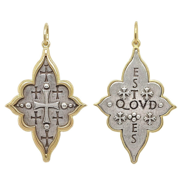 elongated 4 point Latin multi double sided cross charm reads "be what you are" shown in oxidized sterling silver with 18k gold rim & bail #c184c