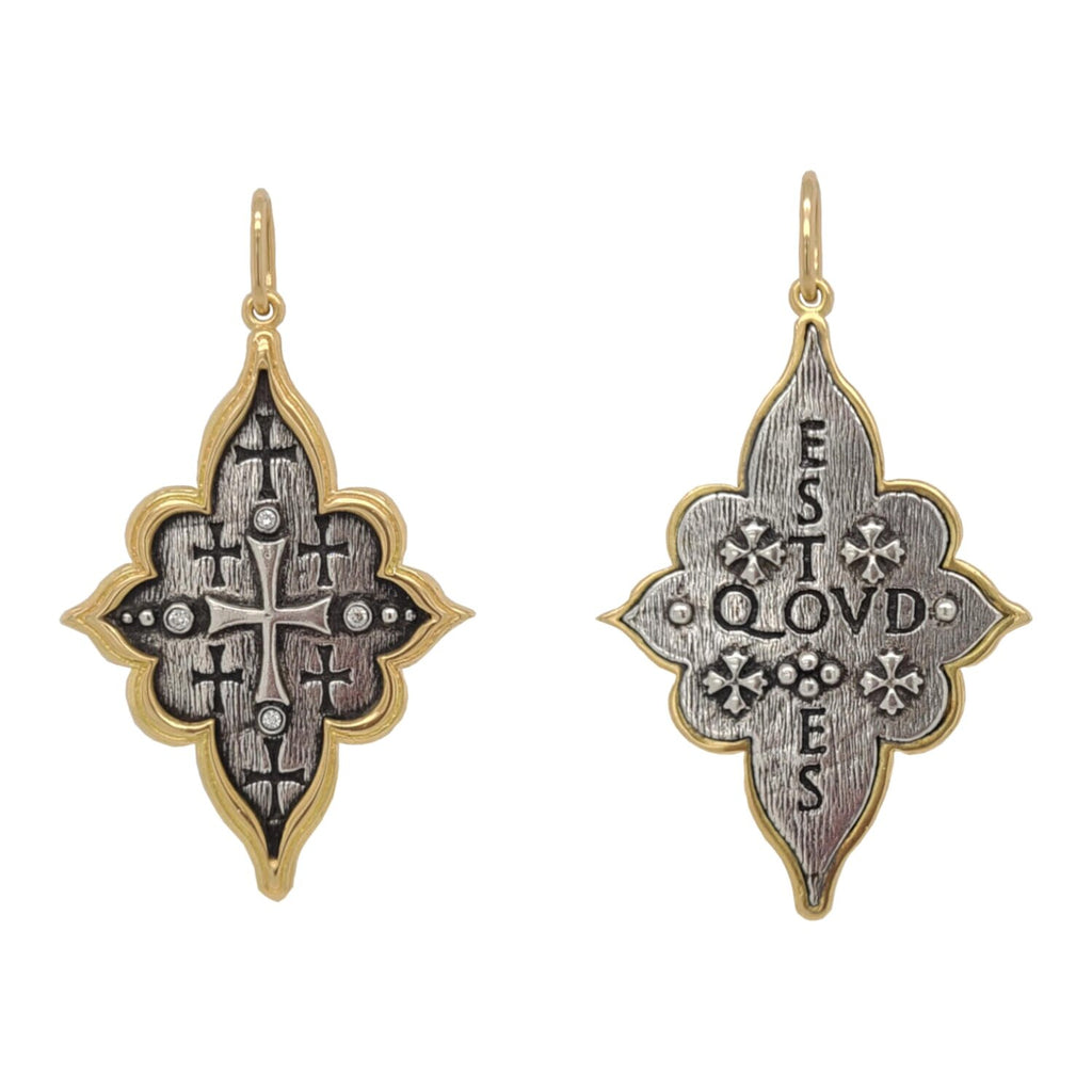 elongated 4 point Latin multi double sided cross charm reads "be what you are"  with diamonds .052cts on cross sided shown in oxidized sterling silver with 18k gold rim & bail #c184d