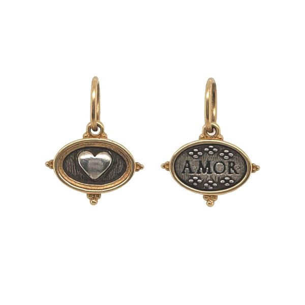 baby Latin heart double sided charm reads "love" shown in oxidized sterling sliver with 18k gold rim & bail #c191c