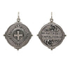 safety cross + floral charm with white diamonds .06cts  on cross reads "my heart is always faithful" shown in oxidized sterling silver #205-2