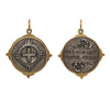 safety cross + floral charm with white diamonds .06cts on cross reads "my heart is always faithful" shown in oxidized sterling silver  with 18k gold rim & bail #205d