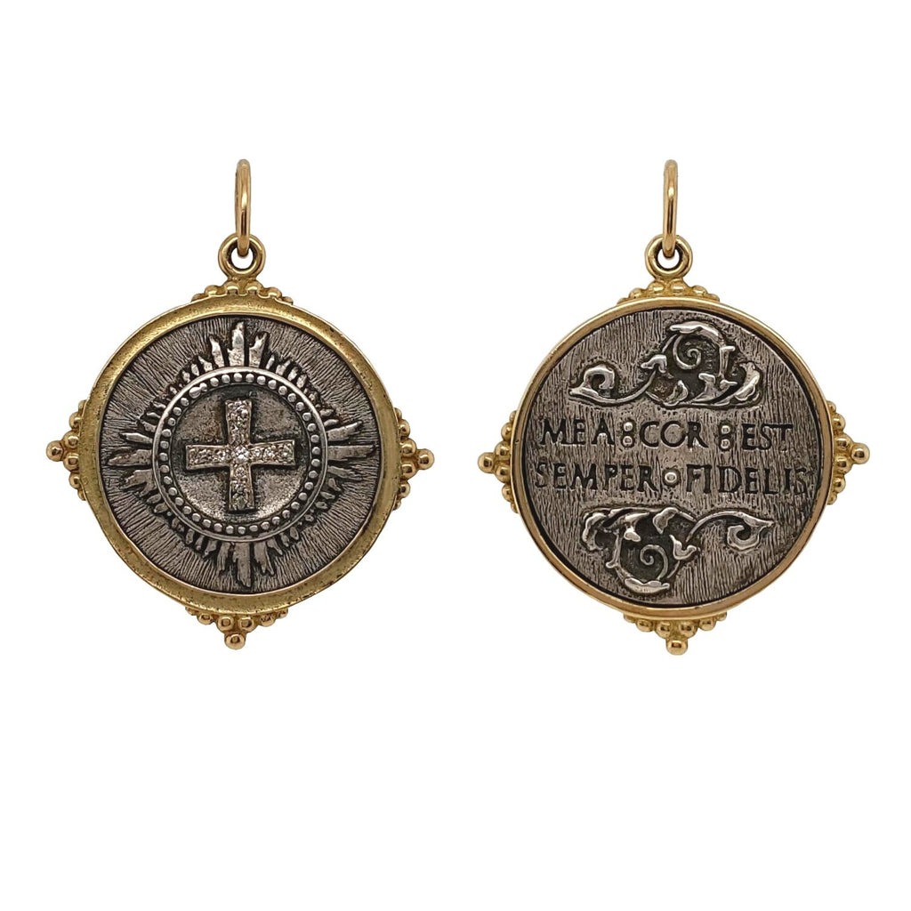 safety cross + floral charm with white diamonds .06cts on cross reads "my heart is always faithful" shown in oxidized sterling silver  with 18k gold rim & bail #205d