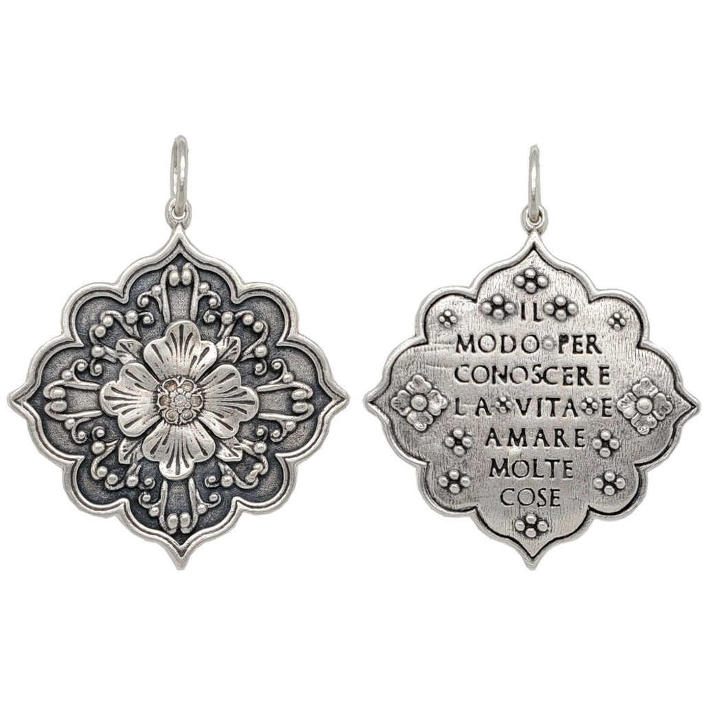 large flower double sided charm with white diamonds .08cts on center of flower reads "The way to know life is to love many things" by Vincent van Gogh in oxidized sterling silver #c211-4