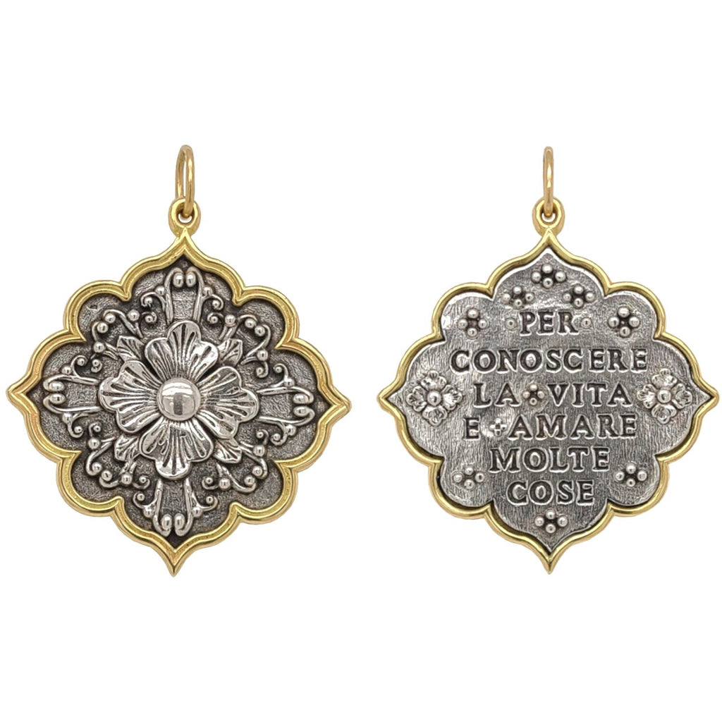 large flower double sided charm reads "The way to know life is to love many things" by Vincent van Gogh in oxidized sterling silver with 18k gold rim & bail  #c211c