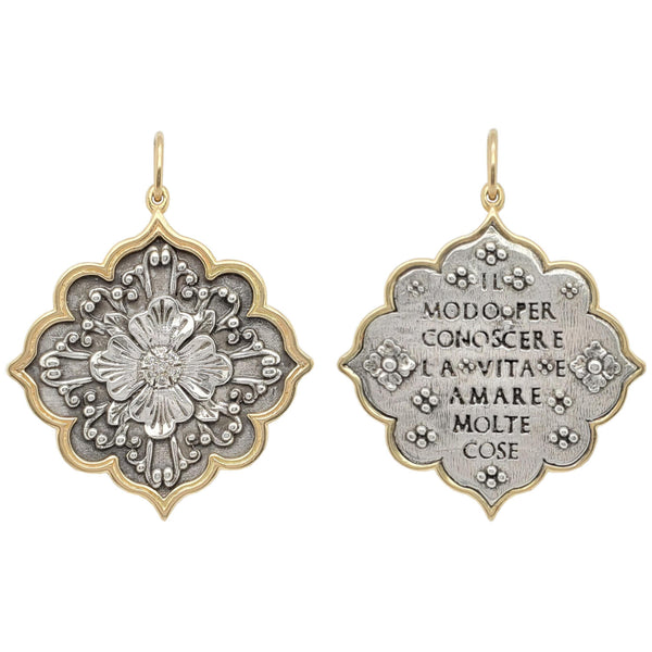 large flower double sided charm with white diamonds .08cts center of flower  reads "The way to know life is to love many things" by Vincent van Gogh in oxidized sterling silver with 18k gold rim & bail #c211f