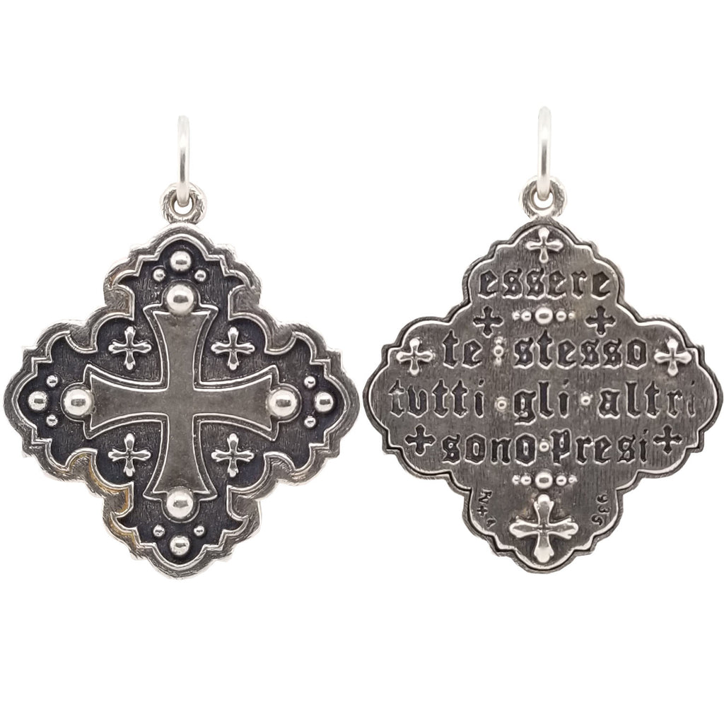 large ornate double sided cross charm reads" Be yourself, everyone else is taken" by Oscar Wilde shown in oxidized sterling silver #c213-0