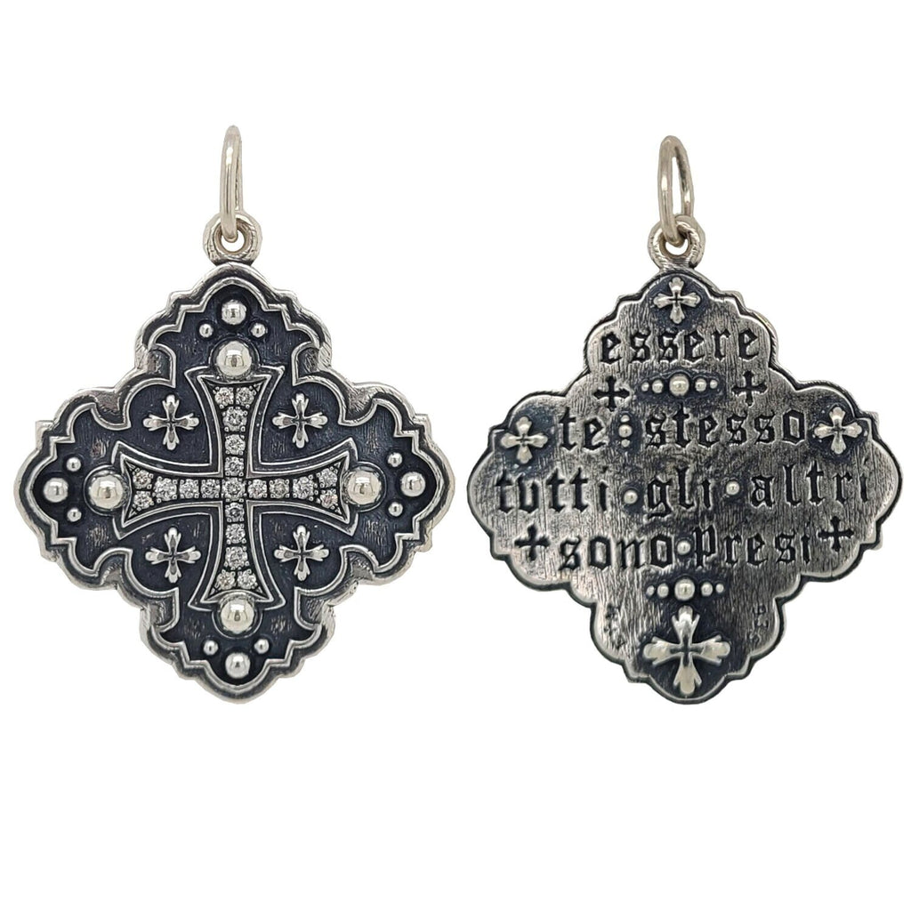 large ornate double sided cross charm with white diamonds .29cts on cross reads" Be yourself, everyone else is taken" by Oscar Wilde shown in oxidized sterling silver #c213-2