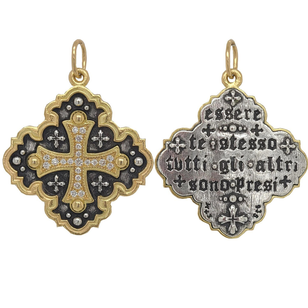 large ornate double sided cross charm with white diamonds .29cts on cross  reads" Be yourself, everyone else is taken" by Oscar Wilde shown in oxidized sterling silver with 18k gold rim & bail #c213f