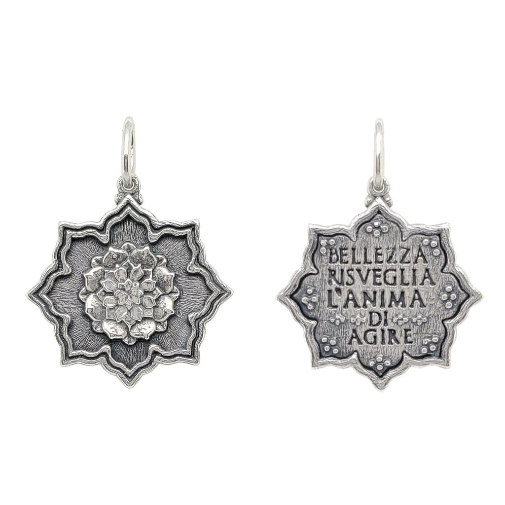 small multi layer lotus double sdied charm reads "Beauty awakens the soul to act" by Dante Alighieri shown in oxidized sterling silver #c214-0