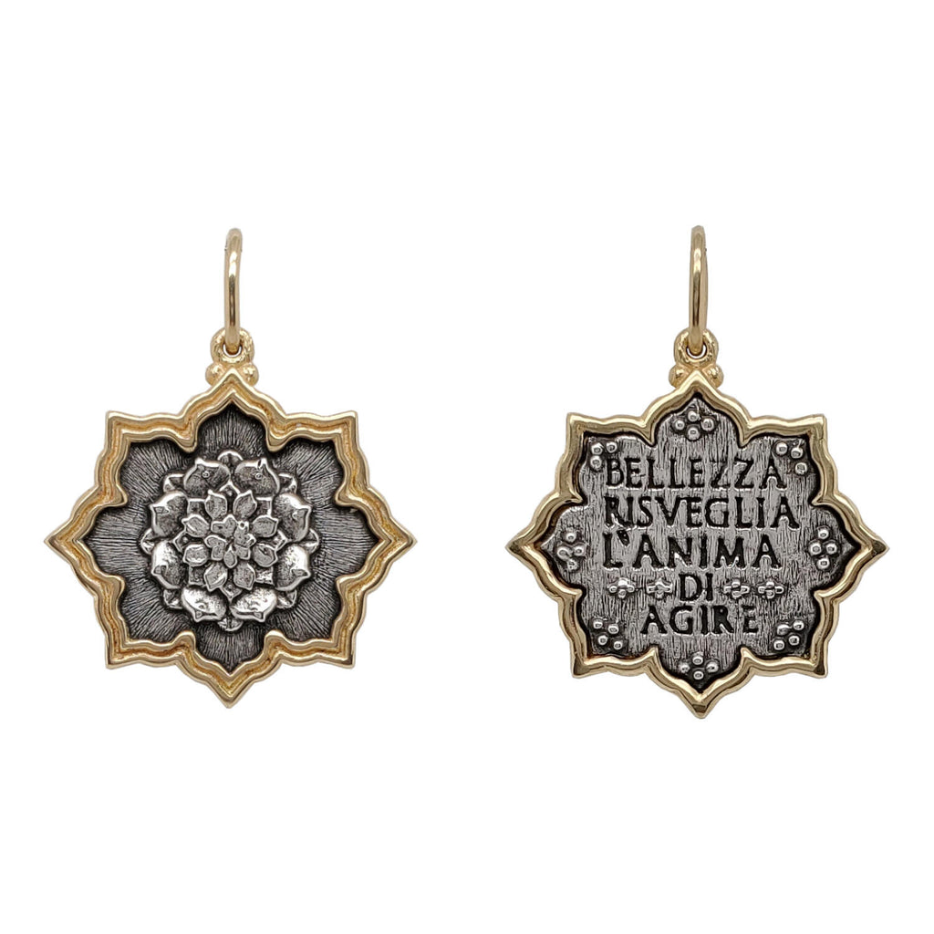 small multi layer lotus double sdied charm reads "Beauty awakens the soul to act" by Dante Alighieri shown in oxidized sterling silver with 18k gold rim & bail  #c214c