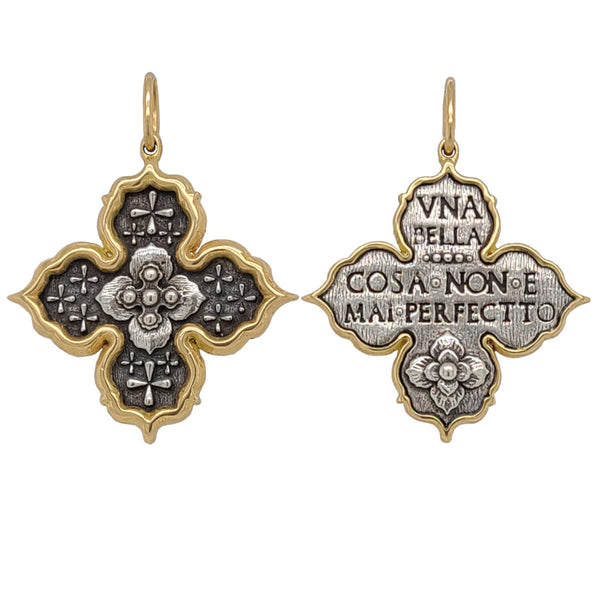 ornate 4 point Italian star with clovers reads "A beautiful thing is never perfect" shown in oxidized sterling silver with 18k gold rim & bail  #c216c