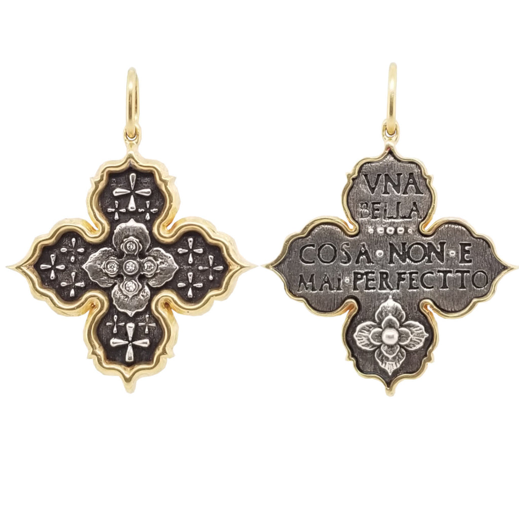 ornate 4 point Italian star with clovers & white diamonds .025cts reads "A beautiful thing is never perfect" shown in oxidized sterling silver with 18k gold rim & bail #c216d