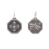 small Latin hexagon ornate clover + dragonfly with reads "crazy life" shown in oxidized sterling silver #c218-0
