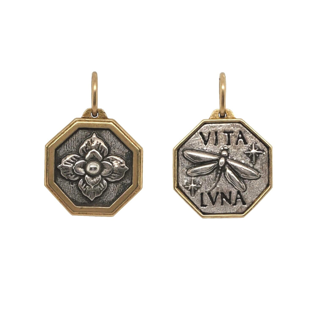 small Latin hexagon with ornate clover + dragonfly reads "crazy life" shown in oxidized sterling silver with 18k gold rim & bail  #c218c