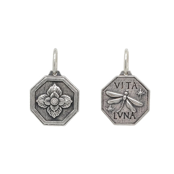 small Latin hexagon with ornate clover + dragonfly with white diamond .02cts (1) center of flower reads "crazy life" shown in oxidized sterling  silver #c218-2