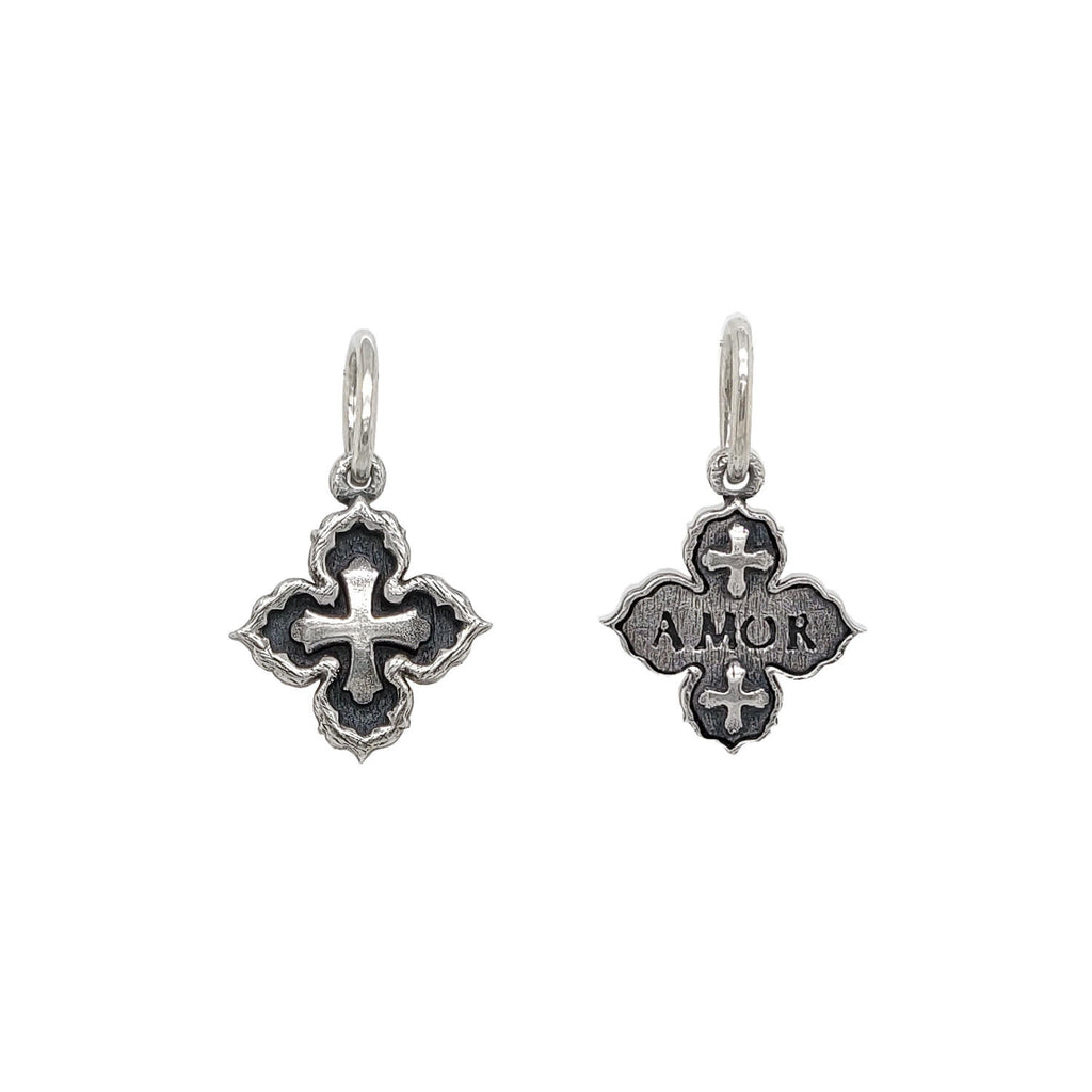 tiny Latin 4 point ornate doulbe sided cross reads "love" shown in oxidized sterling silver #c220-0