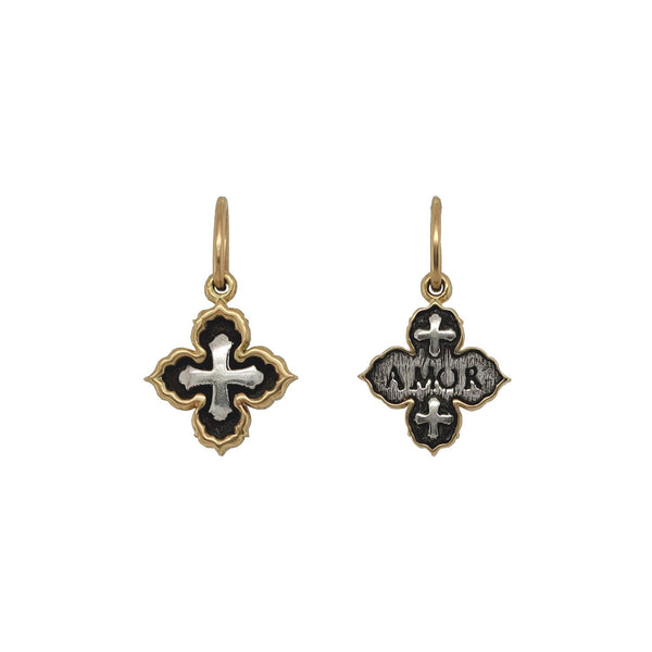 tiny Latin 4 point ornate doulbe sided cross reads "love" shown in oxidized sterling silver with 18k gold rim & bail #c220c