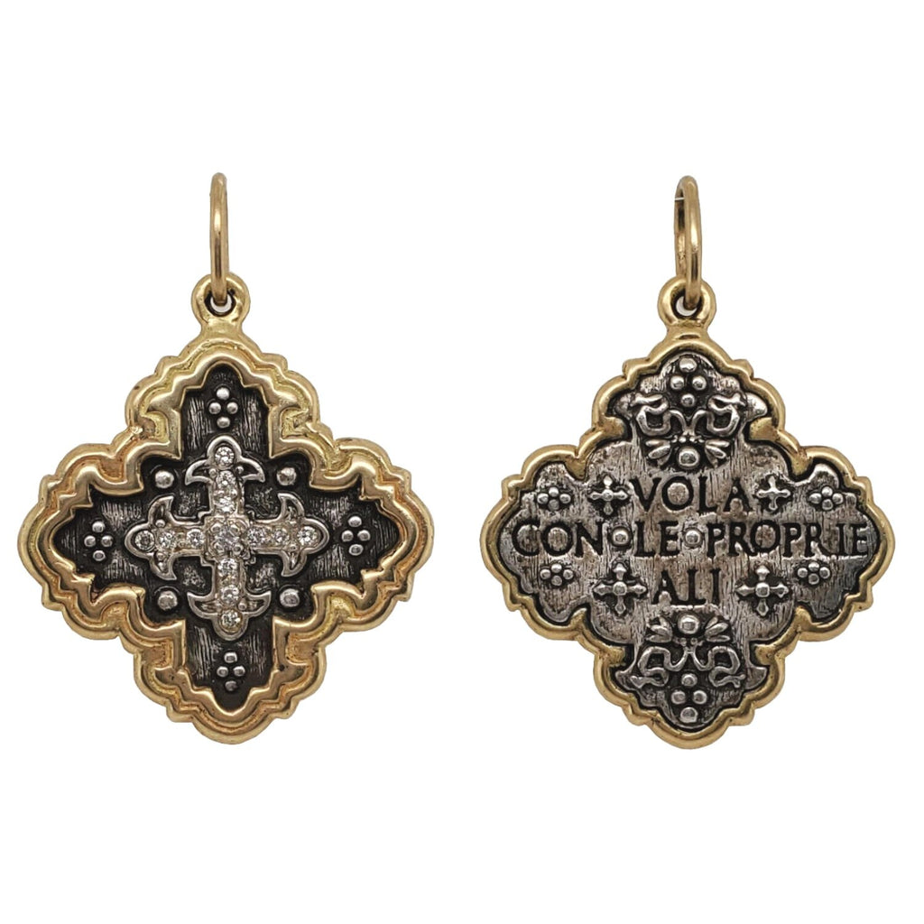 Maltese double sided cross with  white diamonds .16cts on cross  reads "she flies with her own wings" shown in oxidized sterling sliver with 18k gold rim & bail #c222xd