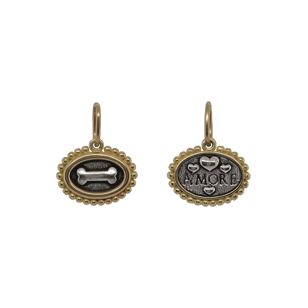 oval dog bone + amore double sided charm in oxidized sterling silver with 18k gold rim & bail #c235c