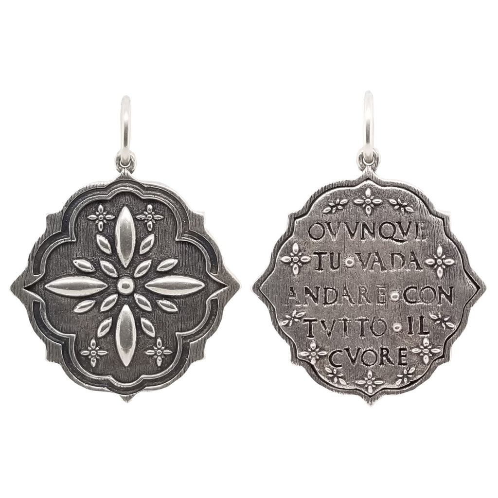 large multi clover double sided charm reads "Where ever you go, go with all your heart" Confucius in oxidized sterling silver #c237-0