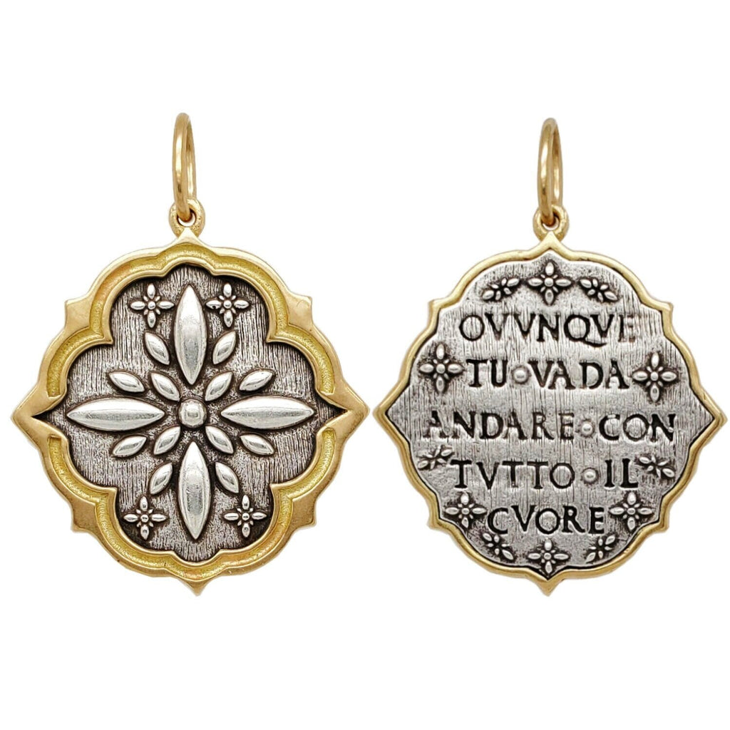 large multi clover double sided charm  reads "Where ever you go, go with all your heart" Confucius in oxidized sterling silver with 18k gold rim & bail #c237c