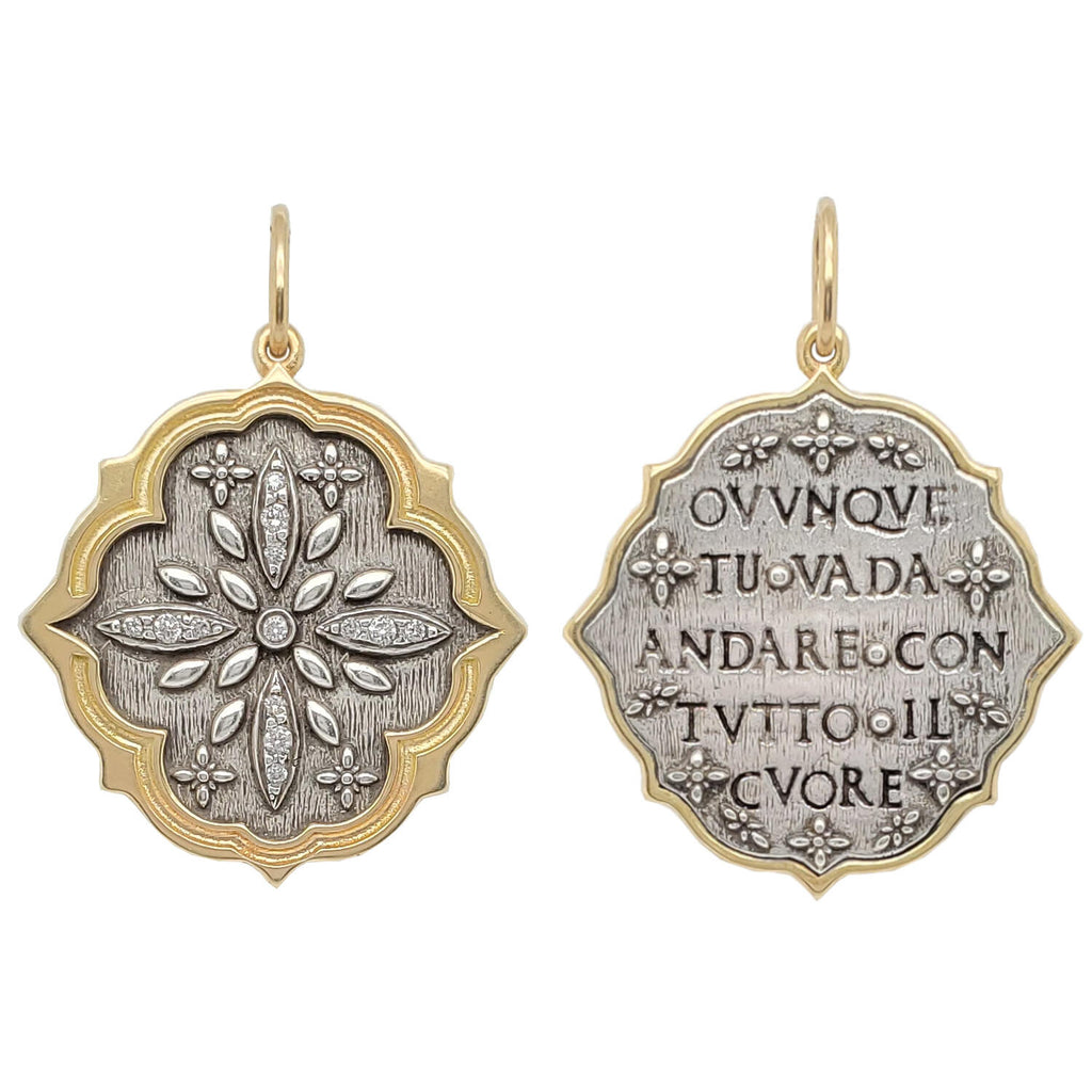 large multi clover double sided charm with white diamonds .025cts on clover side reads "Where ever you go, go with all your heart" Confucius in oxidized sterling silver with 18k gold rim & bail #c237d