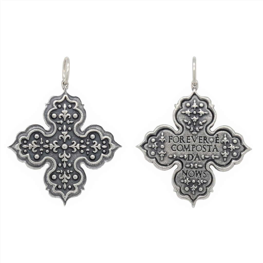 ornate 4 point double sided cross reds "Forever is composed of nows" by Emily Dickinson  shown in oxidized sterling silver #c243-0