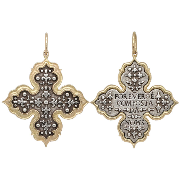 ornate 4 point double sided cross reds "Forever is composed of nows" by Emily Dickinson shown in oxidized sterling silver with 18k gold rim & bail #c243c