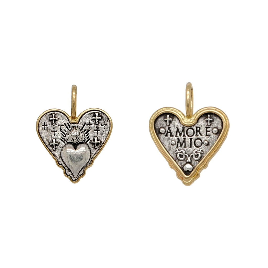 small baby double sided sacred heart charm reads "my love" shown in oxidized sterling silver  with 18k gold rim & bail #c246c