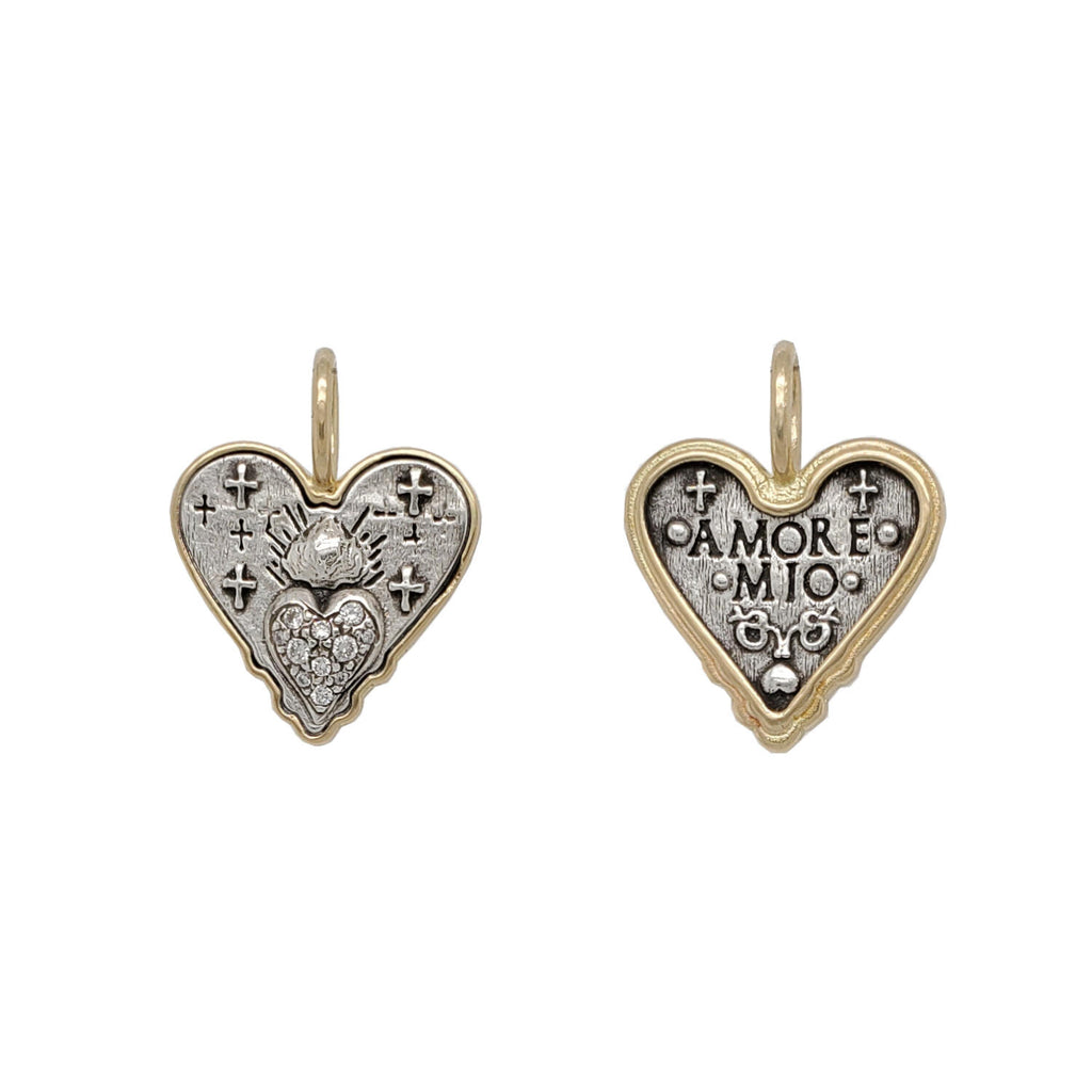 small baby double sided sacred heart charm with white diamonds .094cts on heart  reads "my love" shown in oxidized sterling silver with 18k gold rim & bail #c246d