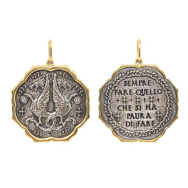 double sided dragons charm with white diamond .04cts on dragon side reads "Always do what you are afraid to do" by Ralph Waldo Emerson #c248d