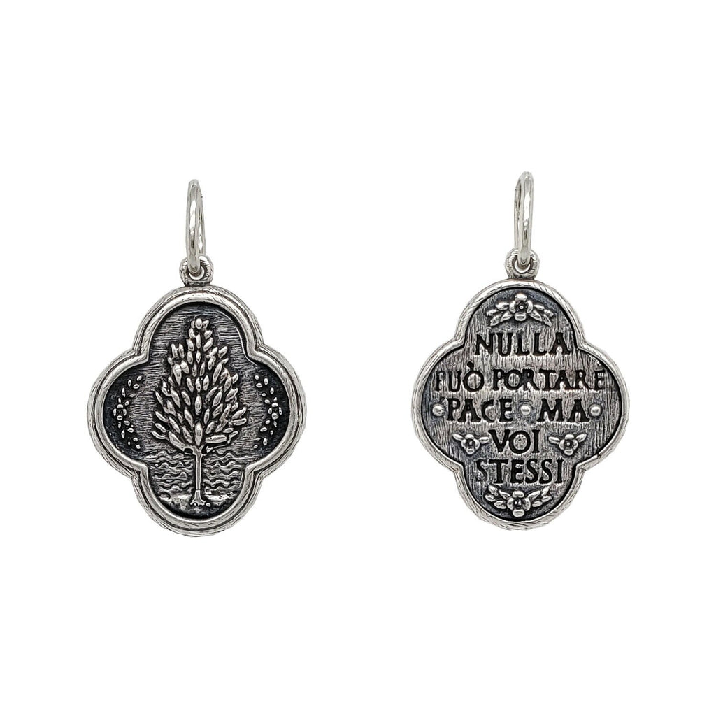solo tree double sided charm reads "Nothing can bring you peace but yourself" by Ralph Waldo Emerson . Shown in oxidized sterling silver #c252-0