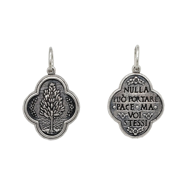 solo tree double sided charm reads "Nothing can bring you peace but yourself" by Ralph Waldo Emerson . Shown in oxidized sterling silver #c252-0